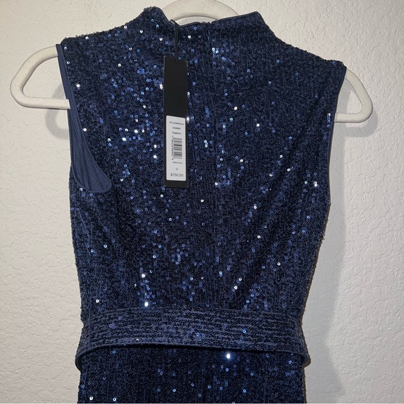 NWT Badgley Mischka Mock Neck Sapphire Sequined Gown with Belt - Picture 5 of 6